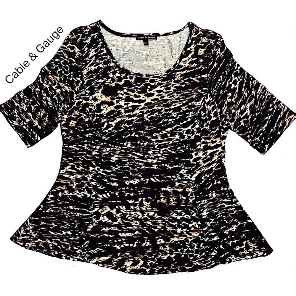 CABLE & Gauge Animal Print Scoop Neck Elbow-Length Sleeve Peplum Top Siz…